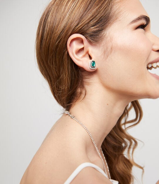 Stud earrings with green crystal, Silver, large